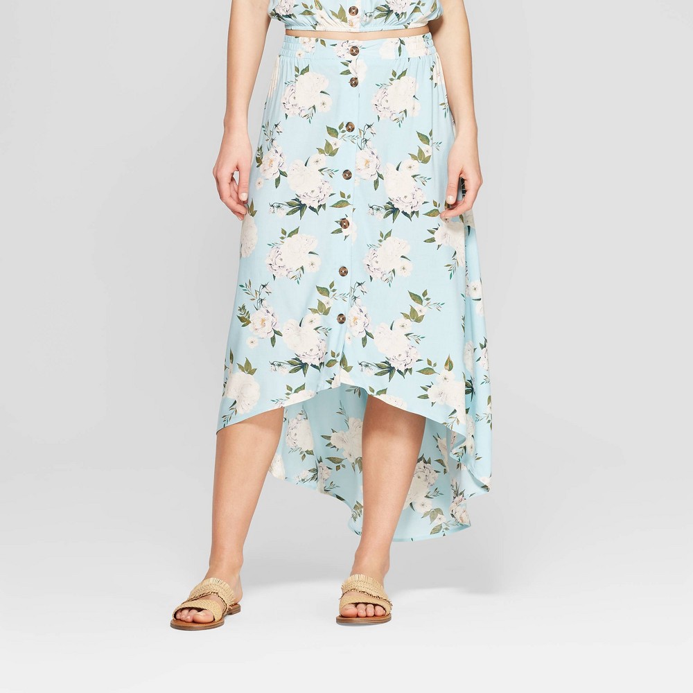 Womens Floral Print Button Front High Low Hem Midi Skirt