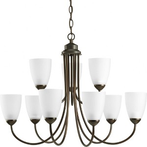 Progress Lighting Gather Collection 9-Light Two-Tier Chandelier, Antique Bronze, White Etched Glass Shades - 1 of 2