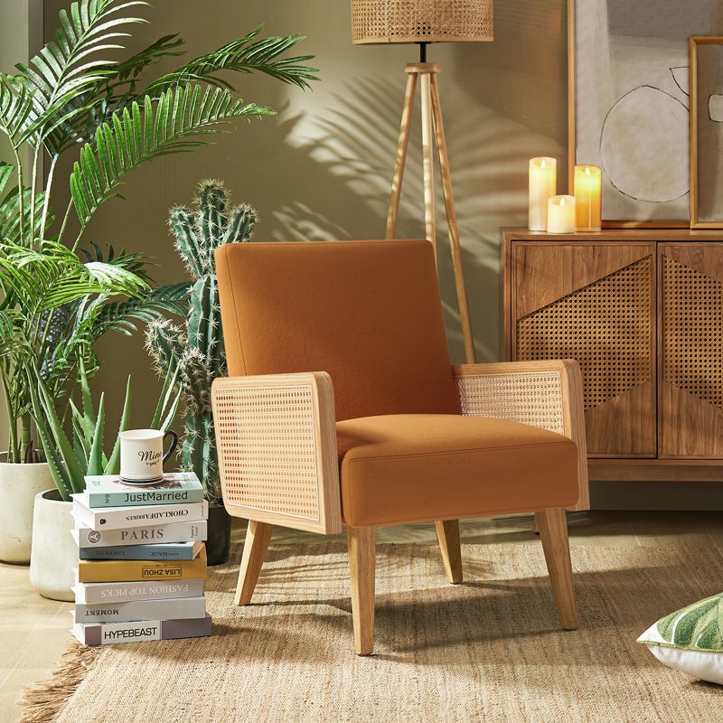 Chloé Cane Arm Chair with Wood Base Living Room Upholstered Accent Chair with Rattan Armrest | Karat Home, 5 of 12