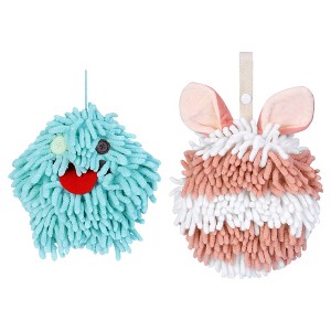 REGALWOVEN 2 Packs Fluffy Chenille Rabbit Shape Cute Soft Absorbent Hanging Ball Hand Towels 7" x 7" - 1 of 4