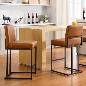 24" Bar Stools Set of 2, Counter Height Bar Stools with Back, Modern PU Leather Barstools, Upholstered Bar Chair with Black Metal Frame Footrest - 1 of 4
