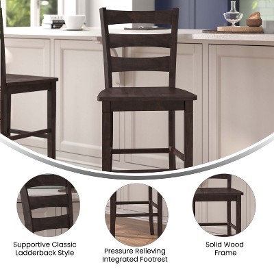 Classic Gray Wash Walnut Wooden Ladderback Counter Height Barstools, Set of Two