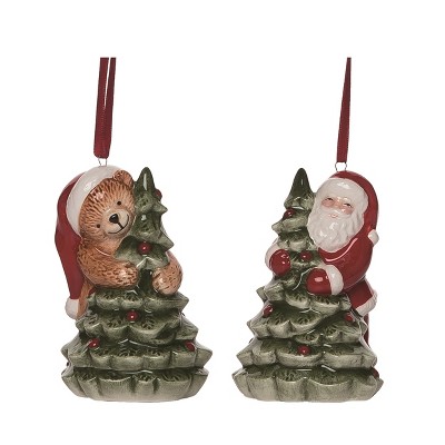 Transpac Ceramic Tree Teddy/Santa Ornament Set of 2 Christmas Home Decorations