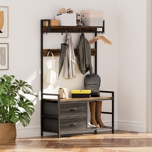 Hrinhom 33.1"W Wide Hall Tree with 2 Movable Drawers, Shoe Storage, Shelves and Garment Racks - 1 of 4