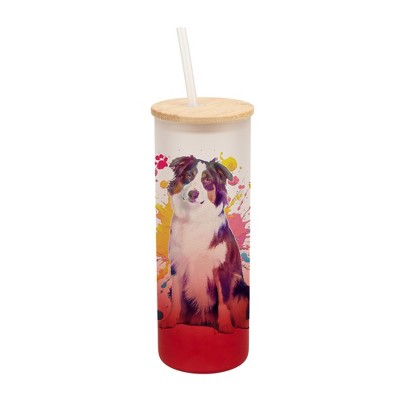 100 North 25 Ounce Frosted Glass Gradient Travel Tumbler With Straw & Wooden Lid, Australian Shepherd Paint Splatter Red