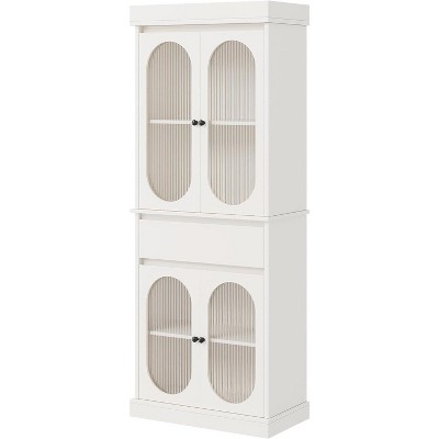 70" White Tall Storage Cabinet - Modern Pantry Storage Solution with Oval Glass Doors & Adjustable Shelves for Kitchen, Living Room