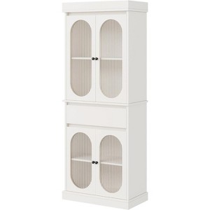 70" White Tall Storage Cabinet - Modern Pantry Storage Solution with Oval Glass Doors & Adjustable Shelves for Kitchen, Living Room - 1 of 4
