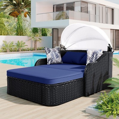 Coolbibila 79" Outdoor Garden Sunbed with Adjustable Canopy,Patio Wicker Daybed with Pillows,Outdoor Cushion PE Rattan Double Sun Lounger