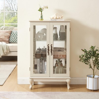 Wooakway Cherry Lighted Curio Cabinet with 2 Tempered Glass Doors Mirrored Back Panel Adjustable Shelves Display Case for Home Office Bulb Included