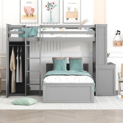 NicBex Twin Size Bunk Bed Loft Bed with Desk Pine Bed Frame with Shelves, Drawers, Wardrobe, Ladder and Guardrail, No Box Spring Required