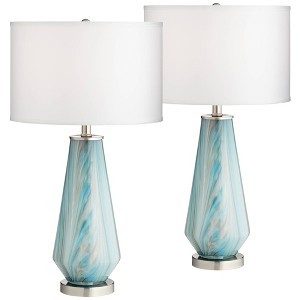 Possini Euro Design Jaime Modern Table Lamps 26" High Set of 2 Blue Gray Art Glass White Fabric Drum Shade for Bedroom Living Room Bedside Nightstand - 1 of 4
