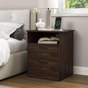 Resenkos Wood Nightstand With Charging Station, Bedside Table With 2 Drawers, Night Stand With Storage For Bedroom, - 1 of 4