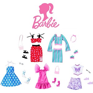 Barbie Fashion Outfit Bundle – Butterfly, Pink Party, Striped, Heart Print & Floral Sets with Accessories - 1 of 4