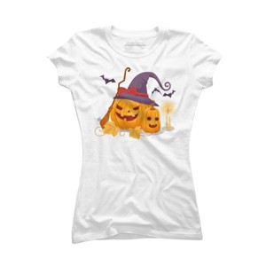 Junior's Design By Humans Halloween Witch Pumpkins With Bats By VectorVillain T-Shirt - 1 of 3