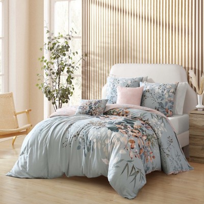 Peach Leaves on Sage Cotton Reversible Queen Comforter Set