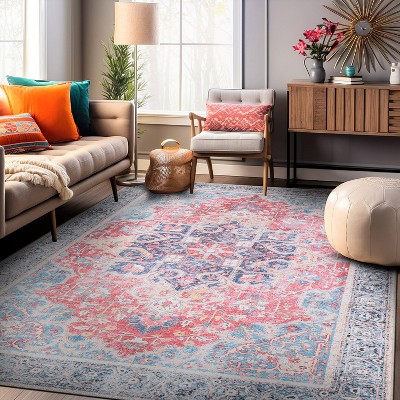 Red and Blue Synthetic Flat Woven Medallion Area Rug