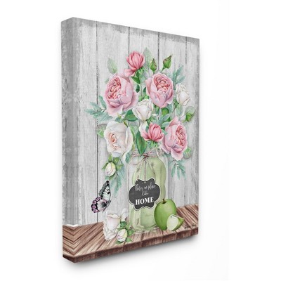 Stupell Industries No Place Like Home Text Pink Roses Fruit Jar
