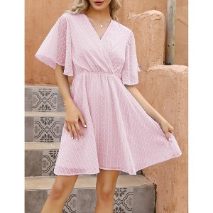 Women's Wrap V-Neck Dot Dress Flutter Sleeve Mini Dress Breathable Summer Dress - 1 of 4
