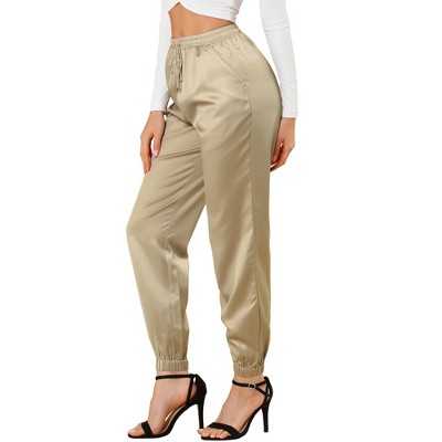 INSPIRE CHIC Women's Drawstring Elastic Waist Ankle Length Satin Joggers Pants with Pocket