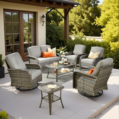 XIZZI Outdoor Patio Swivel Chair Conversation Set, 3/5/7/8 Piece Sofa Sets w/ Side Table, 360° Swivel Seats & Optional Coffee Table/Loveseat