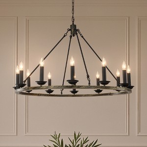 ALOADECOR 37'' 12-Light Modern Candelabra Chandelier Round Industrial Candle In Vintage Brushed Gold Over Black Finish For Living Room - 1 of 4