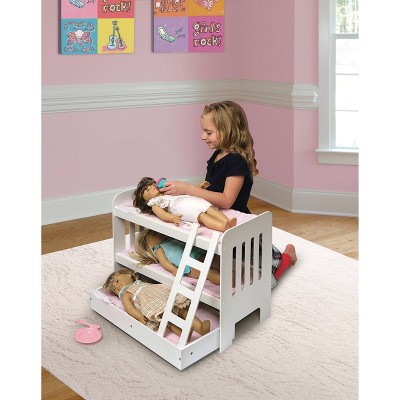 White and Pink Wooden Doll Bunk Bed with Ladder and Trundle