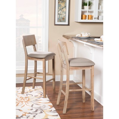 Rustic Gray Wash 46" Acacia Wood Bar Stool with Light Gray Linen Cushion