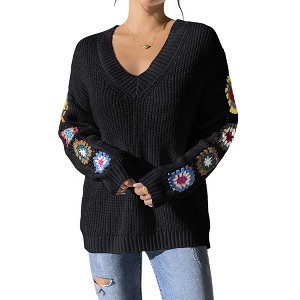 Coolmee Womens Knit Sweaters Fall Winter V Neck Long Sleeve Pullover Casual Loose Tops - 1 of 4