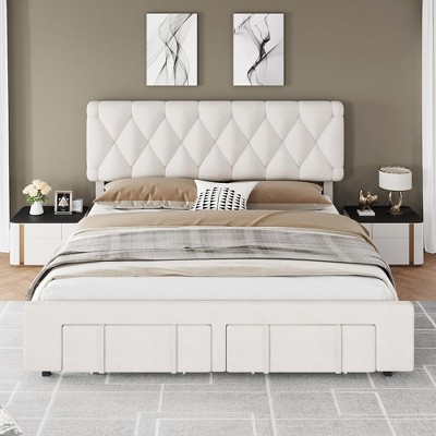 homfan Bed Frame, Upholstered Platform Bed Frame with Storage Drawers, Mattress Foundation with Solid Wooden Slats Support, No Box Spring Needed
