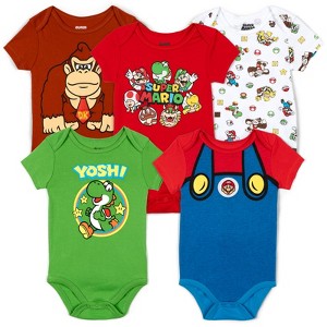 SUPER MARIO Nintendo Mario Yoshi Donkey Kong Toad Bowser Lugi  
 Newborn Baby Boys 5 Pack Short Sleeve Bodysuits - 1 of 4