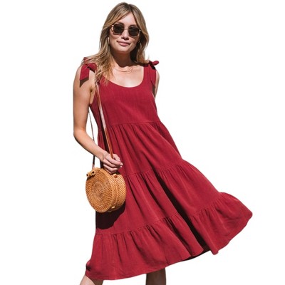 Amaryllis Women's Sleeveless Tiered Midi Dress with Tie Shoulder Straps and Scoop Neckline Comfortable All-Day Wear
