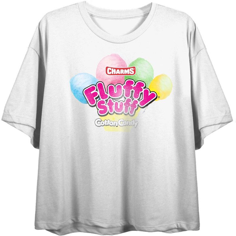 Charms Fluffy Stuff Cotton Candy Logo Women's White Cropped Tee, 1 of 2