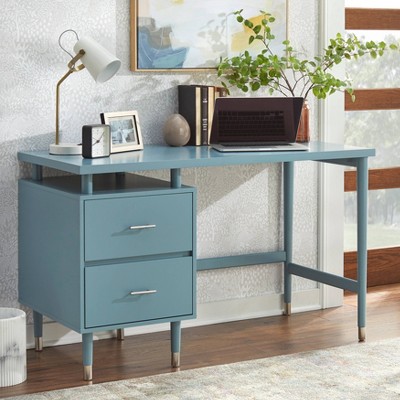 Antique Blue Mid-Century Modern Desk with Drawers