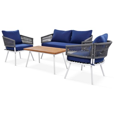 XINGHANZHENXUAN Beige 4-Piece Modern Boho Outdoor Patio Set, Rope Woven Furniture with Acacia Table & Thick Cushions for Backyard or Deck Seating