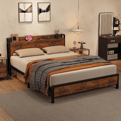 Full Size Bed Frame, Metal and Wood Bed Frame, with 2 USB Ports & 2 AC Outlets, Sturdy Ironwood Furniture, Wooden Headboard and Footboard, Brown