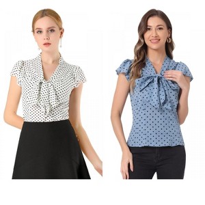 INSPIRE CHIC Women's Polka Dots Tie V Neck Flutter Cap Sleeve Blouse 2 Packs - 1 of 4