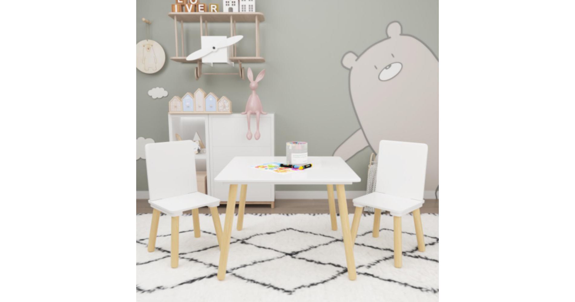 Kids Table and 2 Chairs Set, 3 Pieces Toddler Table and Chair Set, Wooden Activity Play Table Set (White)