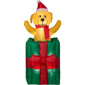 Gemmy Animated Puppy in Christmas Gift Box, 5 ft Tall, Green - 1 of 4
