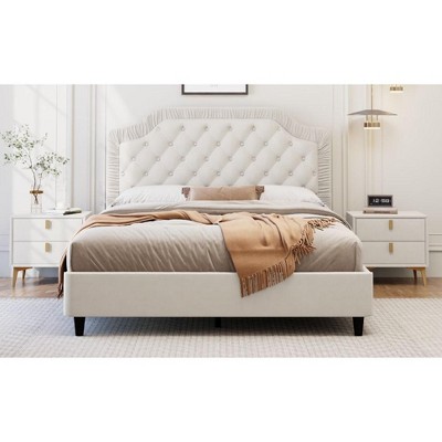 Okak Elegant King Velvet Platform Bed Frame with Upholstered, Ruched Button Tufted Headboard Wood Slats No Box Spring Needed Easy Assembly, White