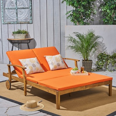 Teak Double Chaise Lounge with Orange Cushions