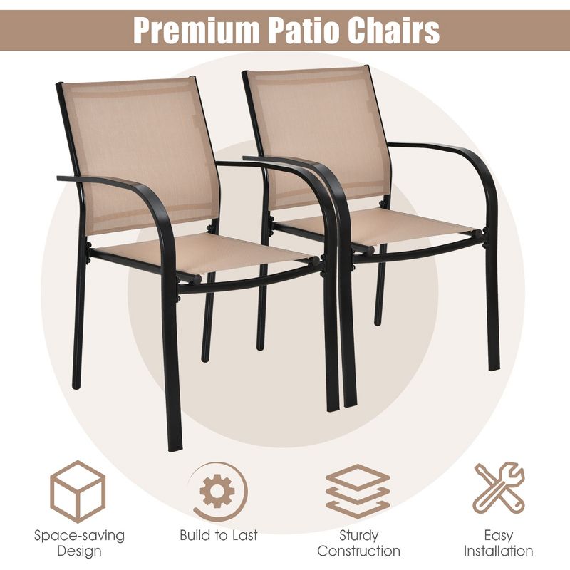 Costway Set of 2 Patio Dining Chairs Stackable with Armrests Garden Deck Brown, 5 of 10