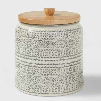 Medium Stoneware Genesis Stripe Food Storage Canister with Wood Lid White/Gray - Threshold&#8482;