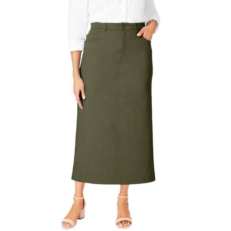 Jessica London Women's Plus Size Classic Cotton Denim Midi Skirt Pockets Long Jean Skirt, 1 of 2