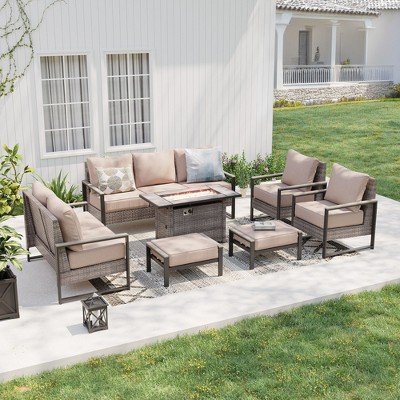Sonkuki Patio Sofa Set with 45'' Fire Pit Table, All-Weather PE Rattan Wicker Patio Conversation Couch with Cushion