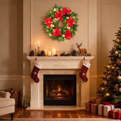 24 Inch Pre-Lit Christmas Wreath with Lights, Timer - Battery Operated - Christmas Decorations Front Door Lighted Wreath for Indoor Wall Window