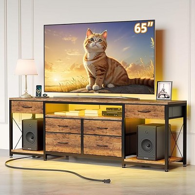 Gericco LED TV Stand with 6 Fabric Drawers and Power Outlet for 55 60 65 Inch TVs, Entertainment Center with Open Storage Shelves Brown 47.2"