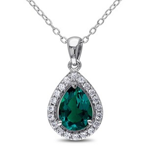 EVERLY JEWELRY | Sterling Silver 1 1/2ct TGW Created Emerald and Created White Sapphire Teardrop Halo Pendant with Chain, 18 inc - 1 of 4