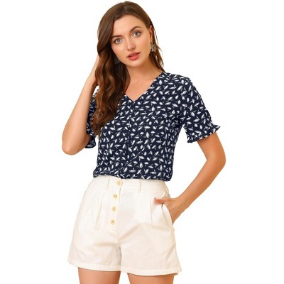 Allegra K Women's Button V Neck Full Placket Short Sleeve Floral Top
