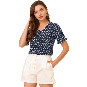 Allegra K Women's Button V Neck Full Placket Short Sleeve Floral Top - 1 of 4