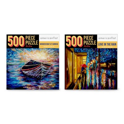 Americanflat 2 Pack Jigsaw Puzzle Set - 500 Piece 18"x24" - "Wooden Boat At Sunrise", "Love In The Rain" by Olena Art